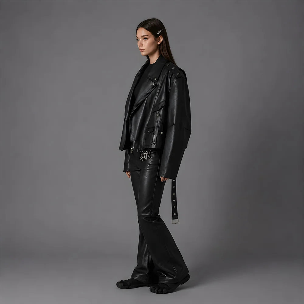 Unisex Black Oversized Biker Leather Jacket