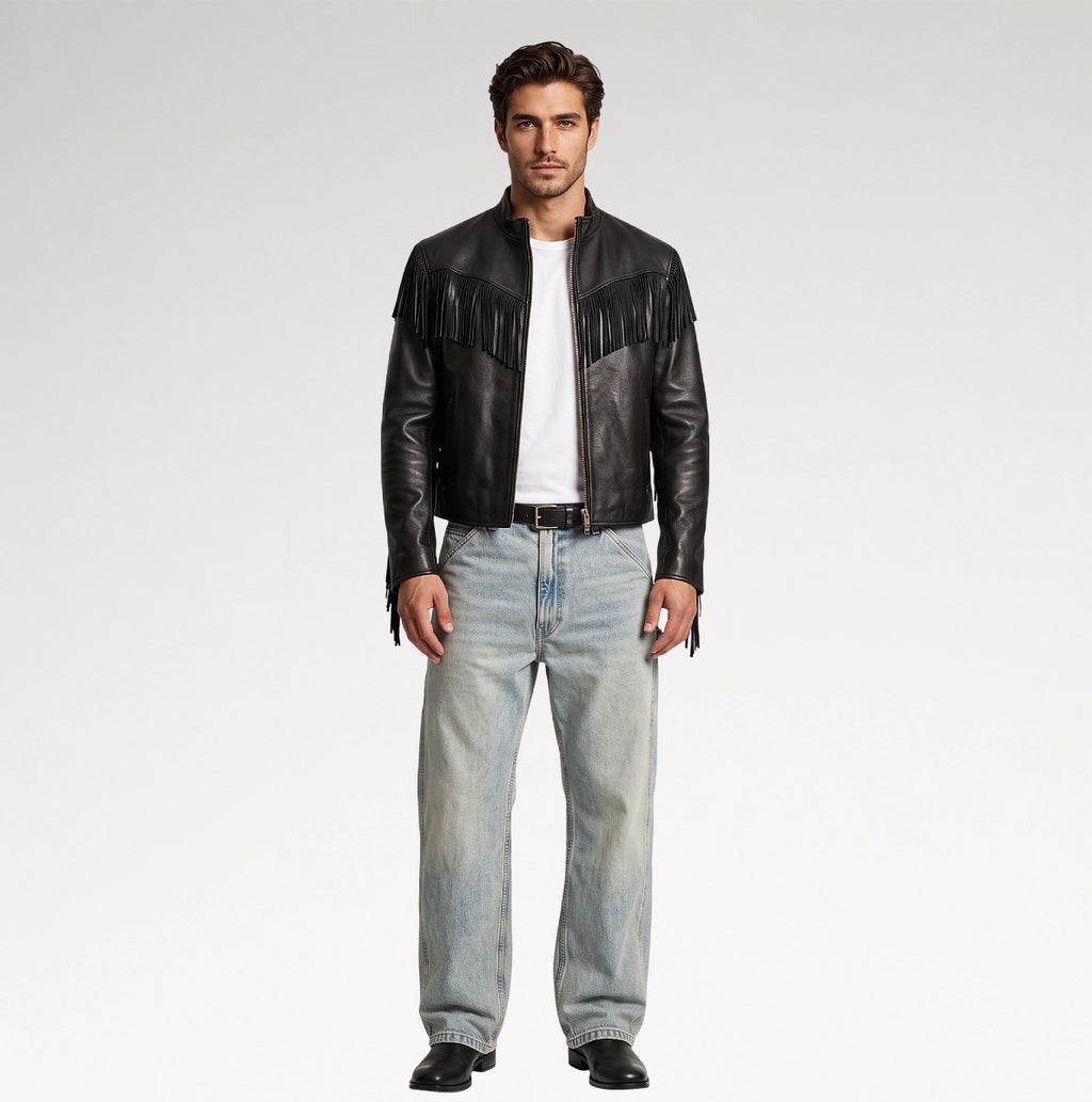 Signore Black Biker Fringes Leather Jacket