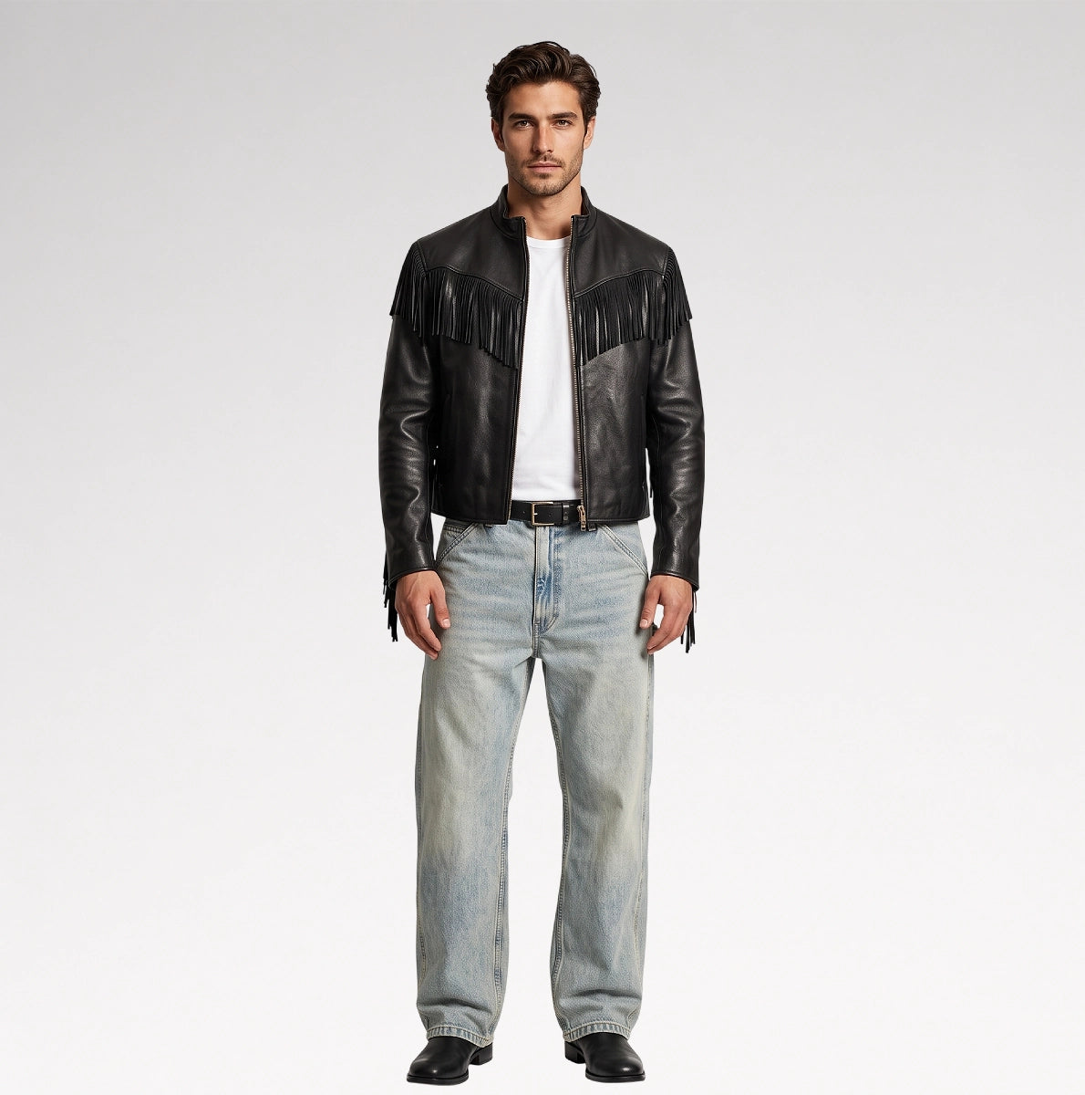 Signore Black Biker Fringes Leather Jacket