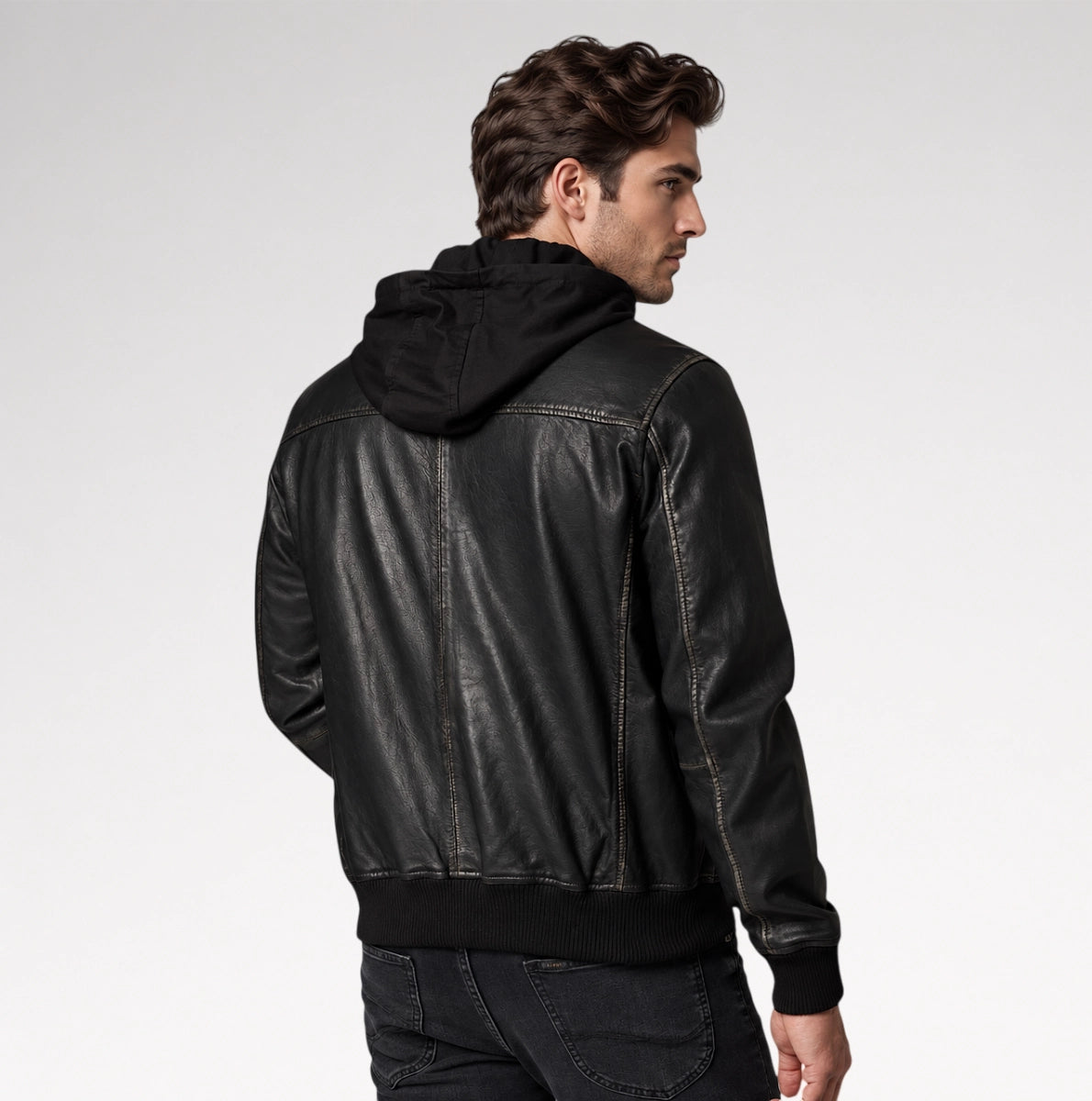 Uomo Moderno Black Nappa Leather Hooded Bomber Jacket Secondary image