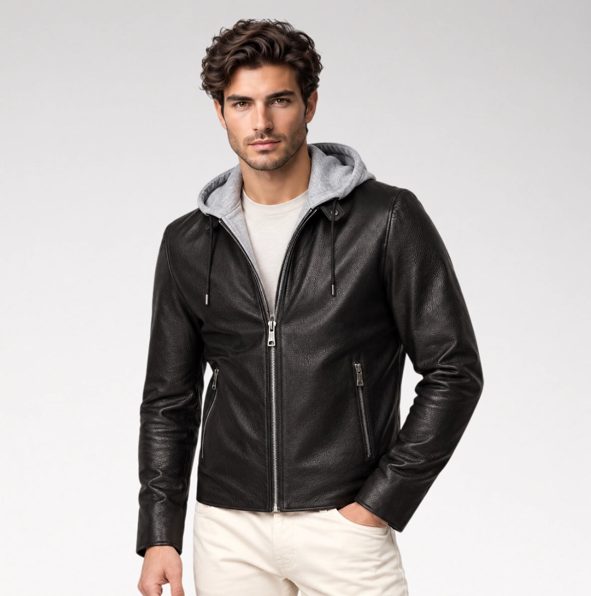 A man wearing a black leather zip-up hooded jacket with a gray fleece-lined hood, layered over a white t-shirt and cream pants, photographed against a light gray studio background.