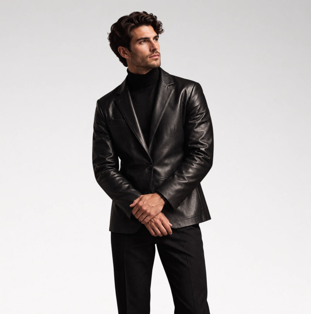 A man wearing a black leather blazer over a black turtleneck sweater and black trousers, standing against a light gray studio background.