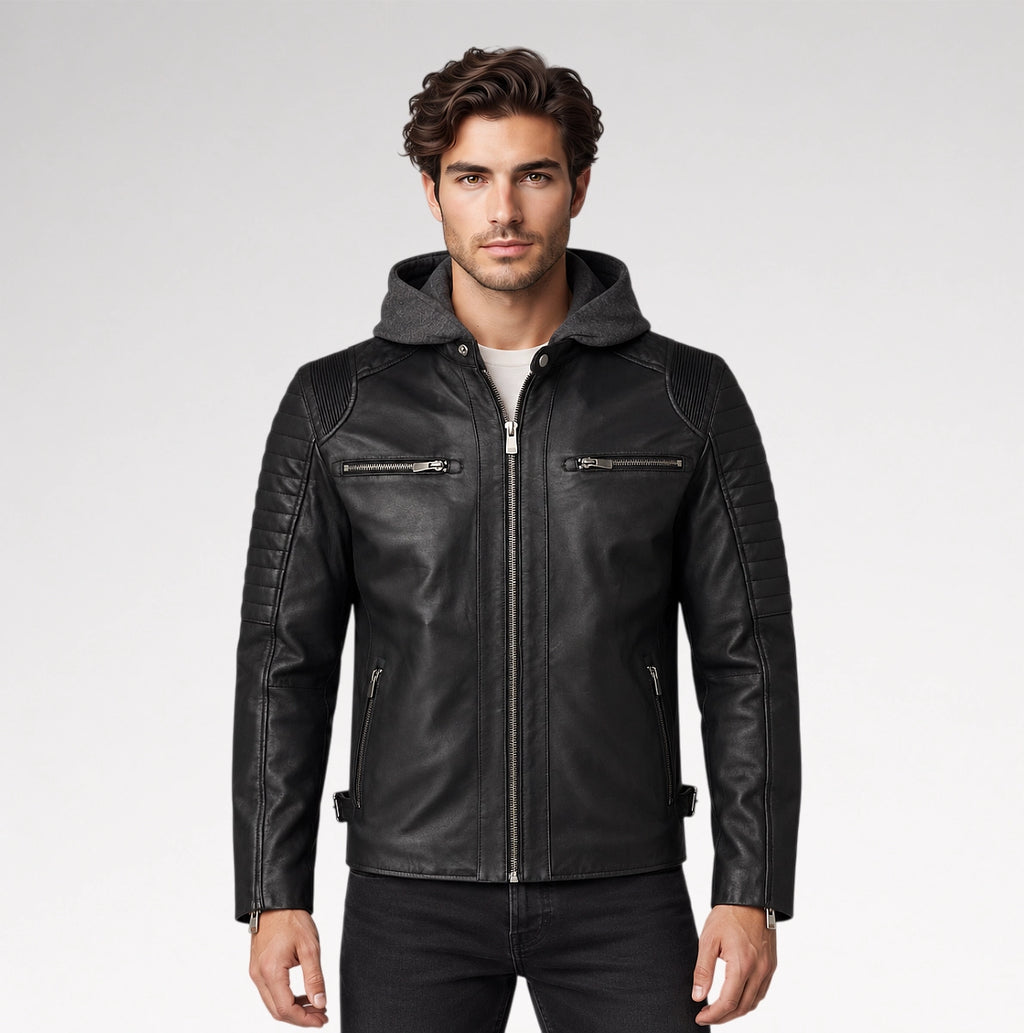 A man wearing a black leather hooded biker jacket with quilted sleeves and silver zippers, paired with a white t-shirt and black jeans, against a light gray studio background.