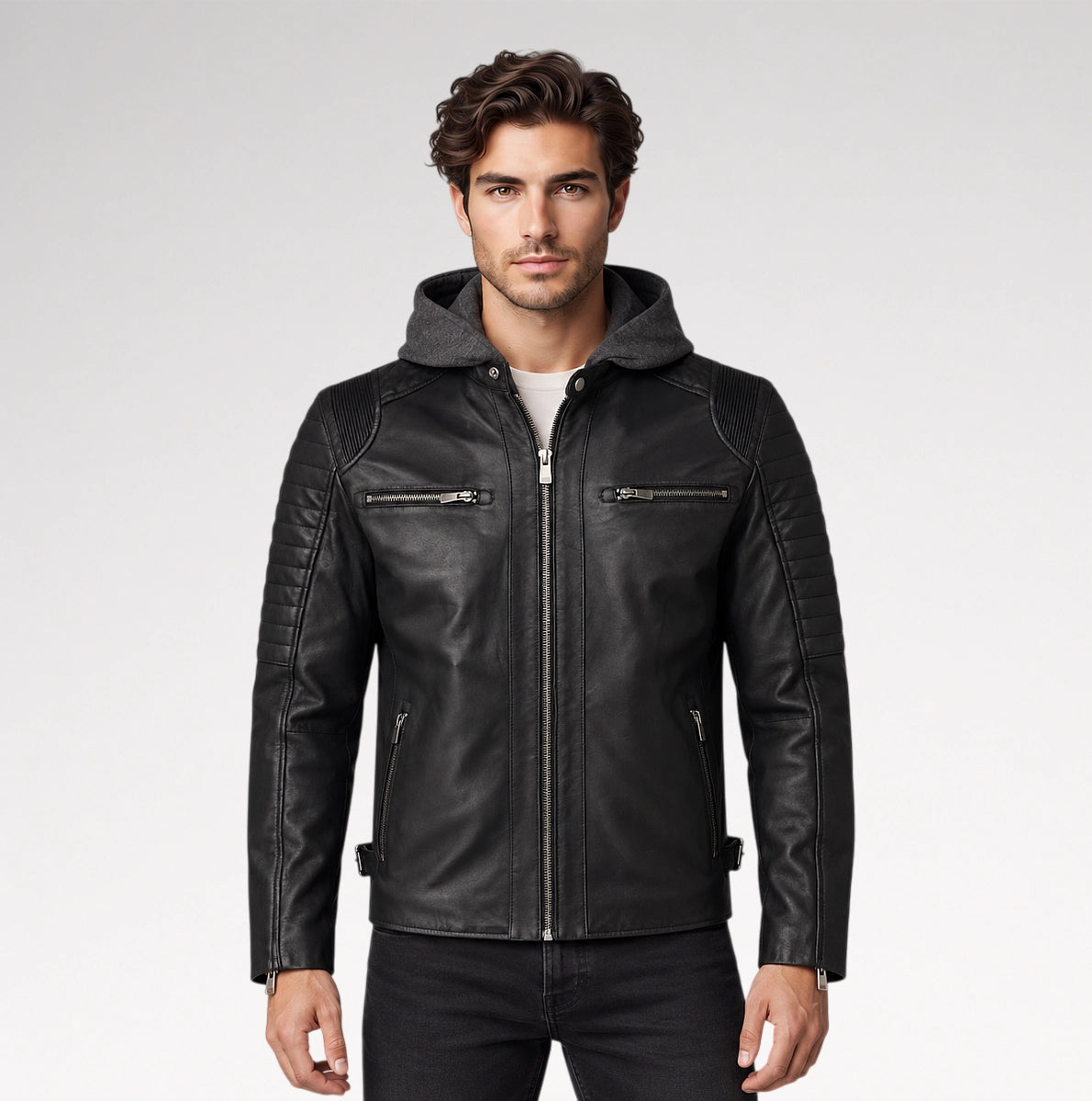 A man wearing a black leather hooded biker jacket with quilted sleeves and silver zippers, paired with a white t-shirt and black jeans, against a light gray studio background.