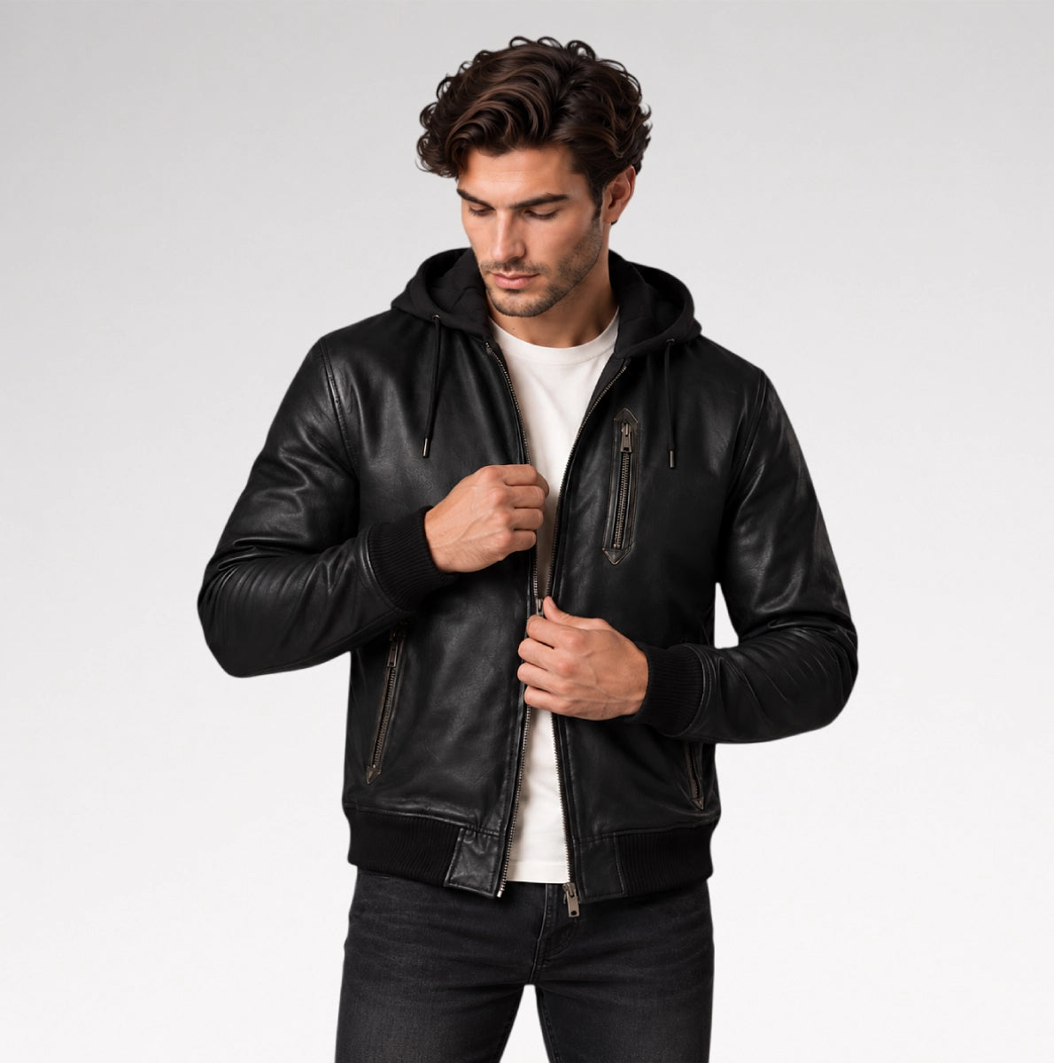 A man wearing a black leather hooded jacket with zippered pockets, styled over a white t-shirt and dark jeans, photographed against a light gray studio background. Main image