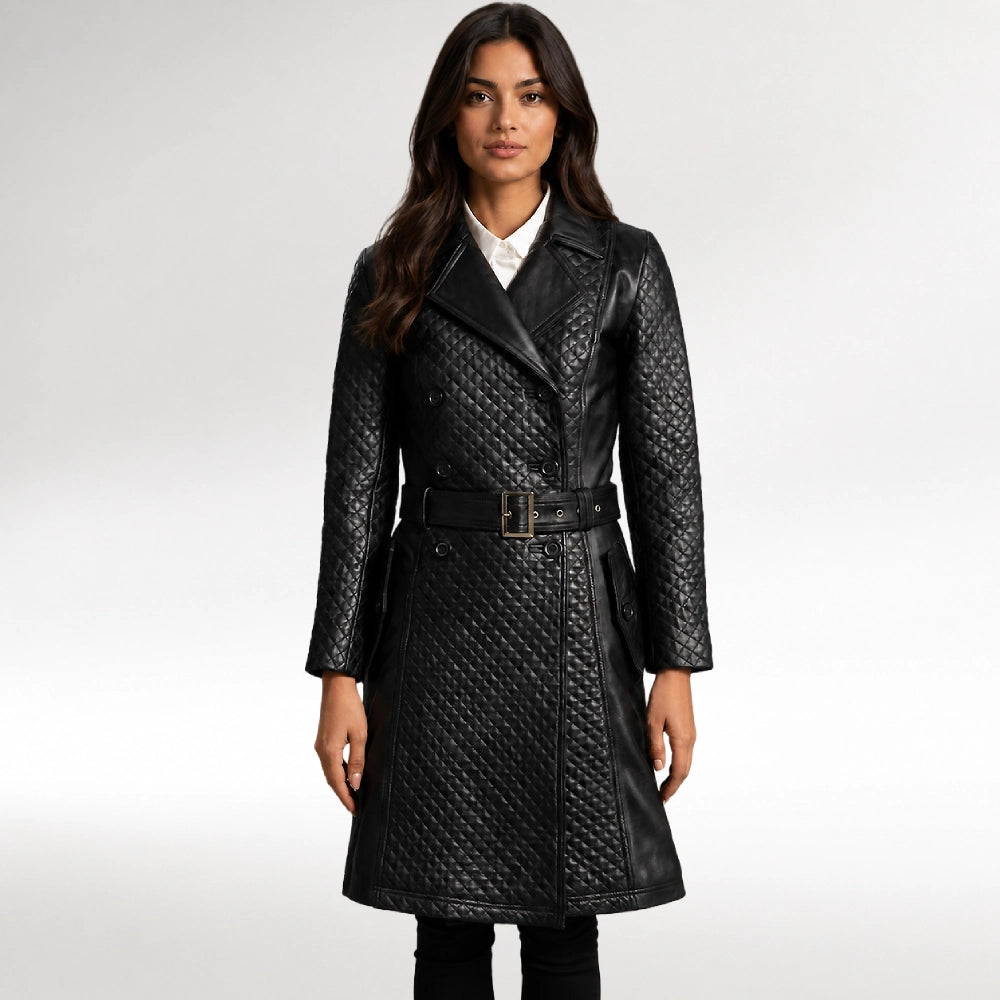 A woman modeling a black quilted leather coat with a matching belt, worn over a white collared shirt, against a light gray studio background. Main image