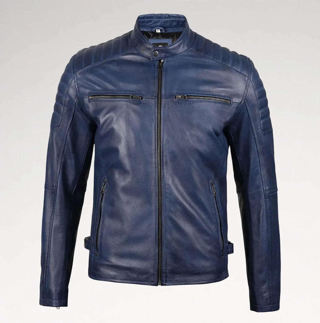 A navy blue leather jacket with a stand-up collar, front zipper, and zippered chest pockets, shown on a light gray background.