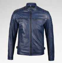 A navy blue leather jacket with a stand-up collar, front zipper, and zippered chest pockets, shown on a light gray background.