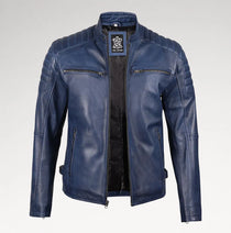 A men's blue leather motorcycle jacket with quilted shoulder panels, a stand collar, and zippered chest pockets, shown against a light gray background.