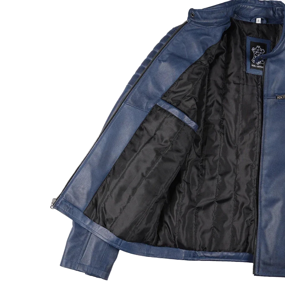 A blue leather jacket with a black quilted interior lining, shown open against a plain white background.