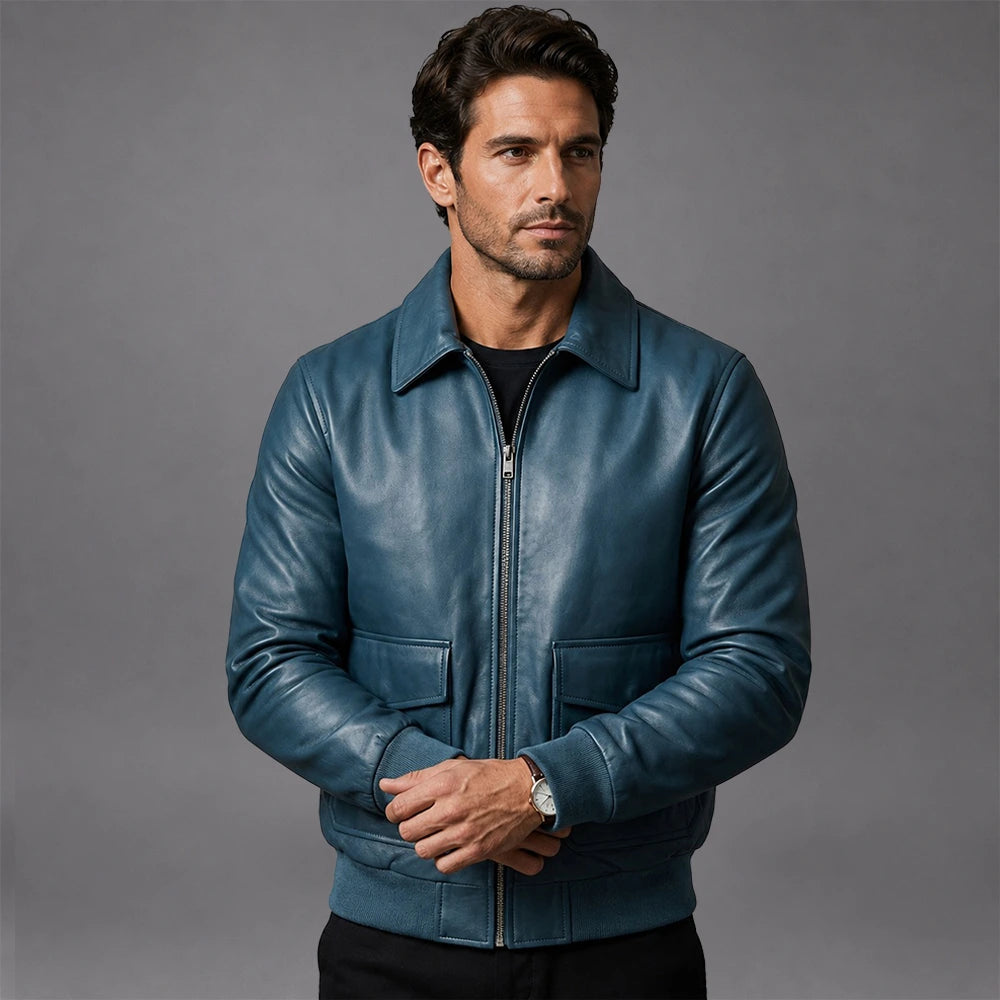 Men Blue Bomber Sheepskin Leather Jacket