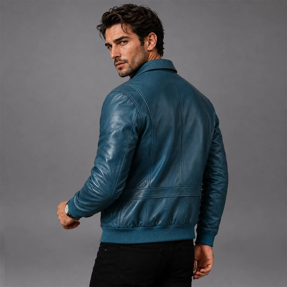 Men Blue Bomber Sheepskin Leather Jacket