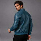 Men Blue Bomber Sheepskin Leather Jacket