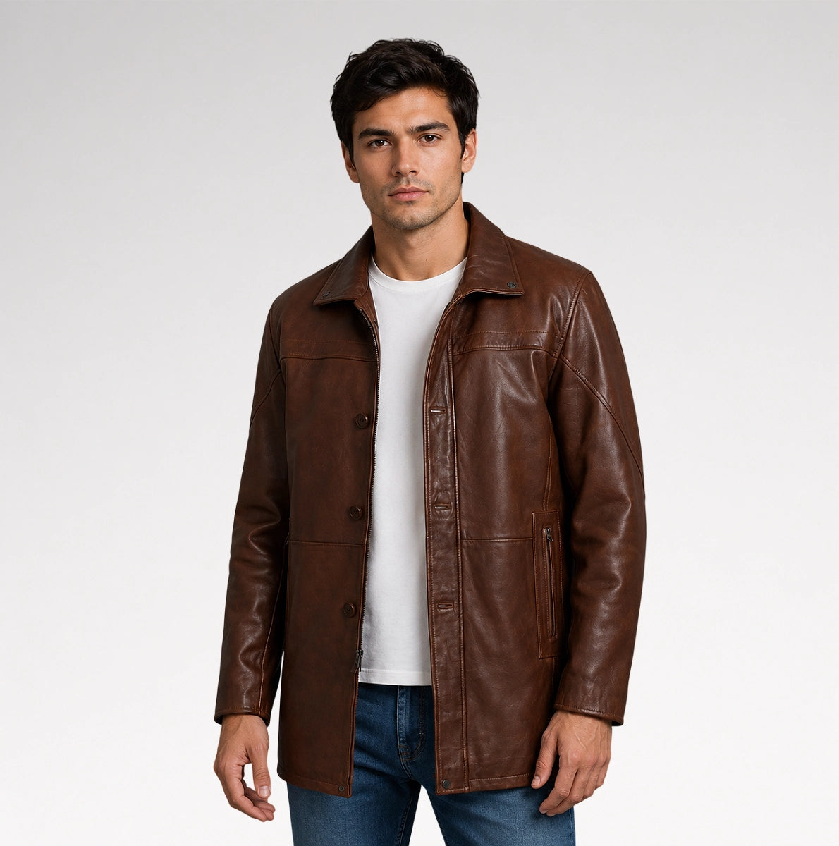 Tradizione Distressed Brown 3/4 Length Leather Coat