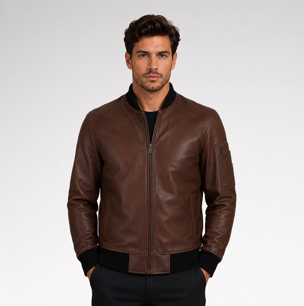 Grezzo Dark Brown Bomber Waxed Leather Jacket