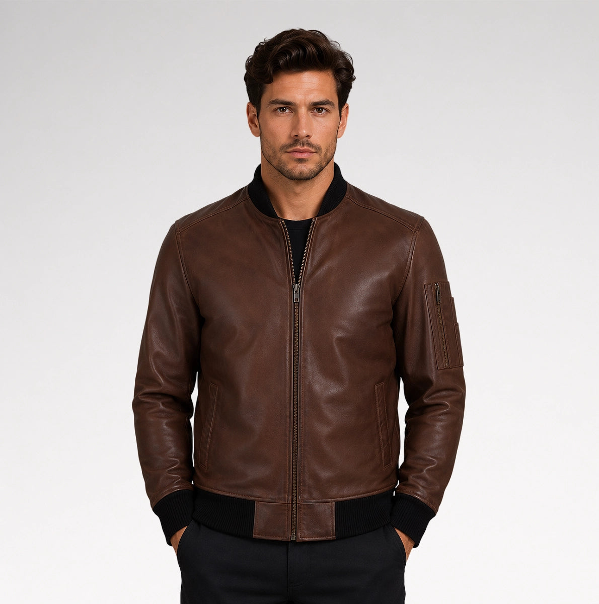 Grezzo Dark Brown Bomber Waxed Leather Jacket