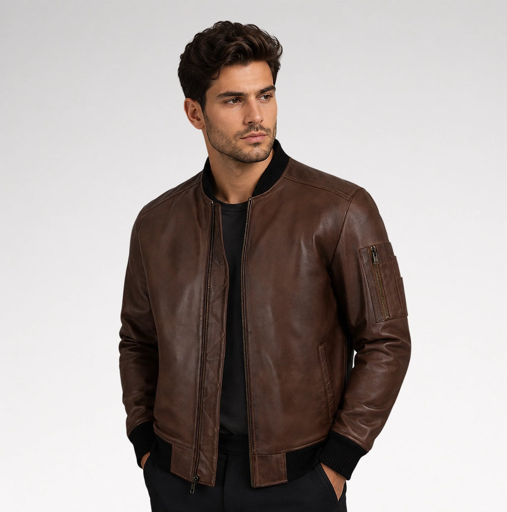 Grezzo Dark Brown Bomber Waxed Leather Jacket