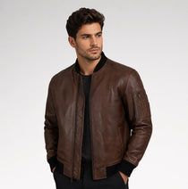 Grezzo Dark Brown Bomber Waxed Leather Jacket