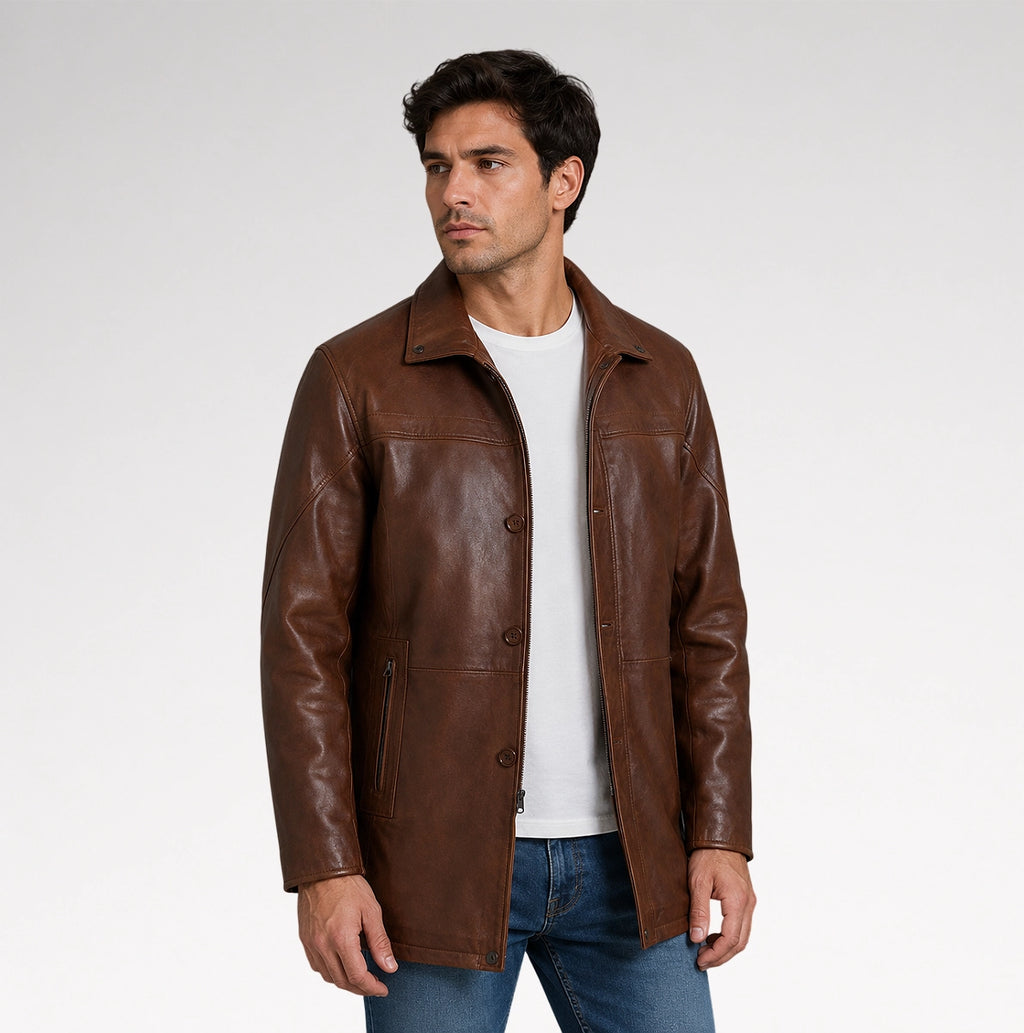 Tradizione Distressed Brown 3/4 Length Leather Coat