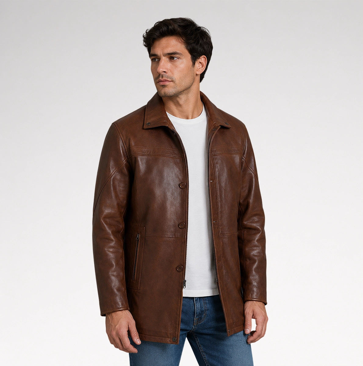 Tradizione Distressed Brown 3/4 Length Leather Coat