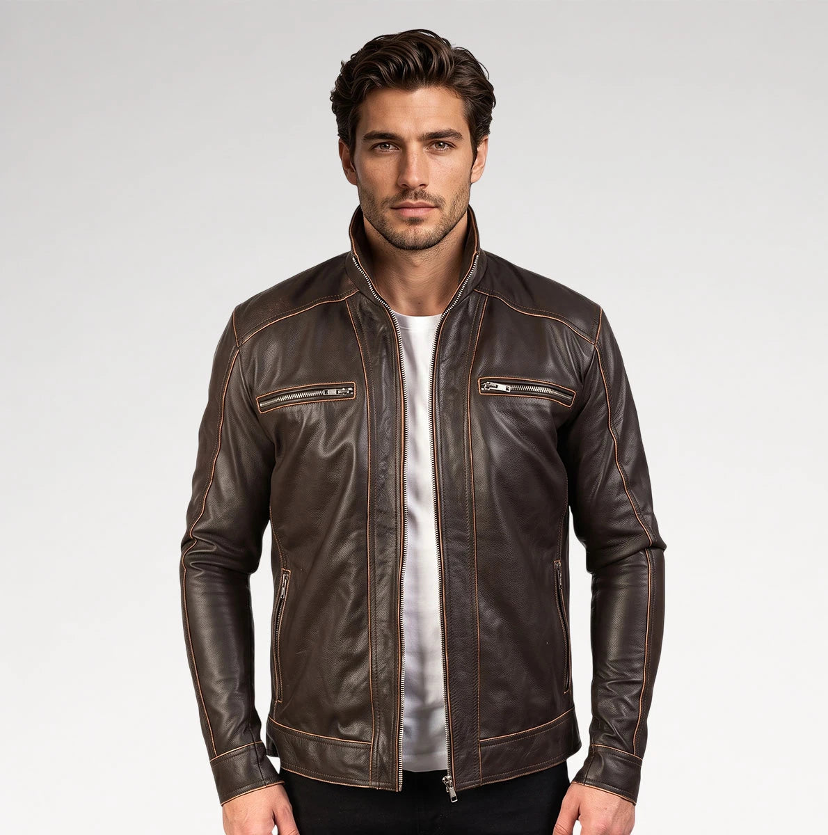 A man wearing a dark brown leather jacket with contrast stitching over a white t-shirt, photographed against a light gray studio background.