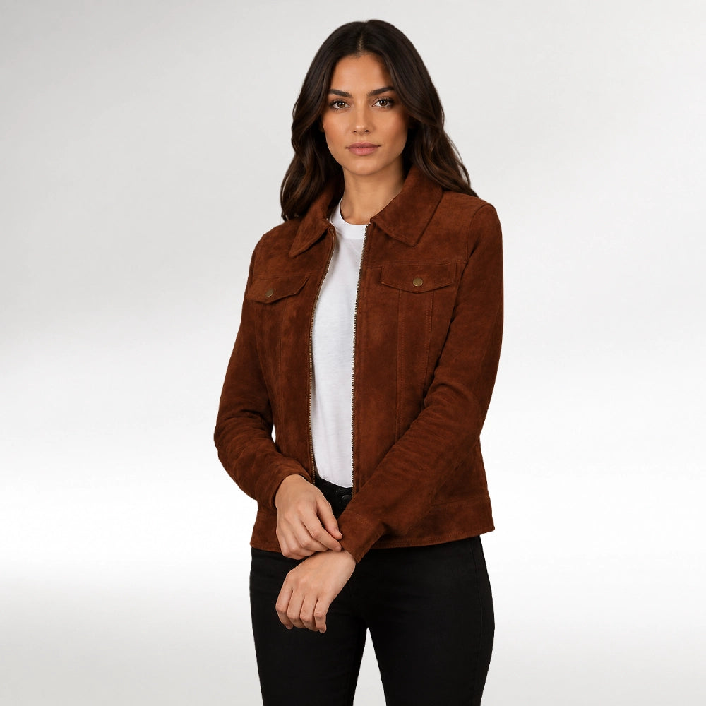 A woman modeling a brown suede jacket over a white t-shirt and black pants, photographed against a light gray studio background. Main image