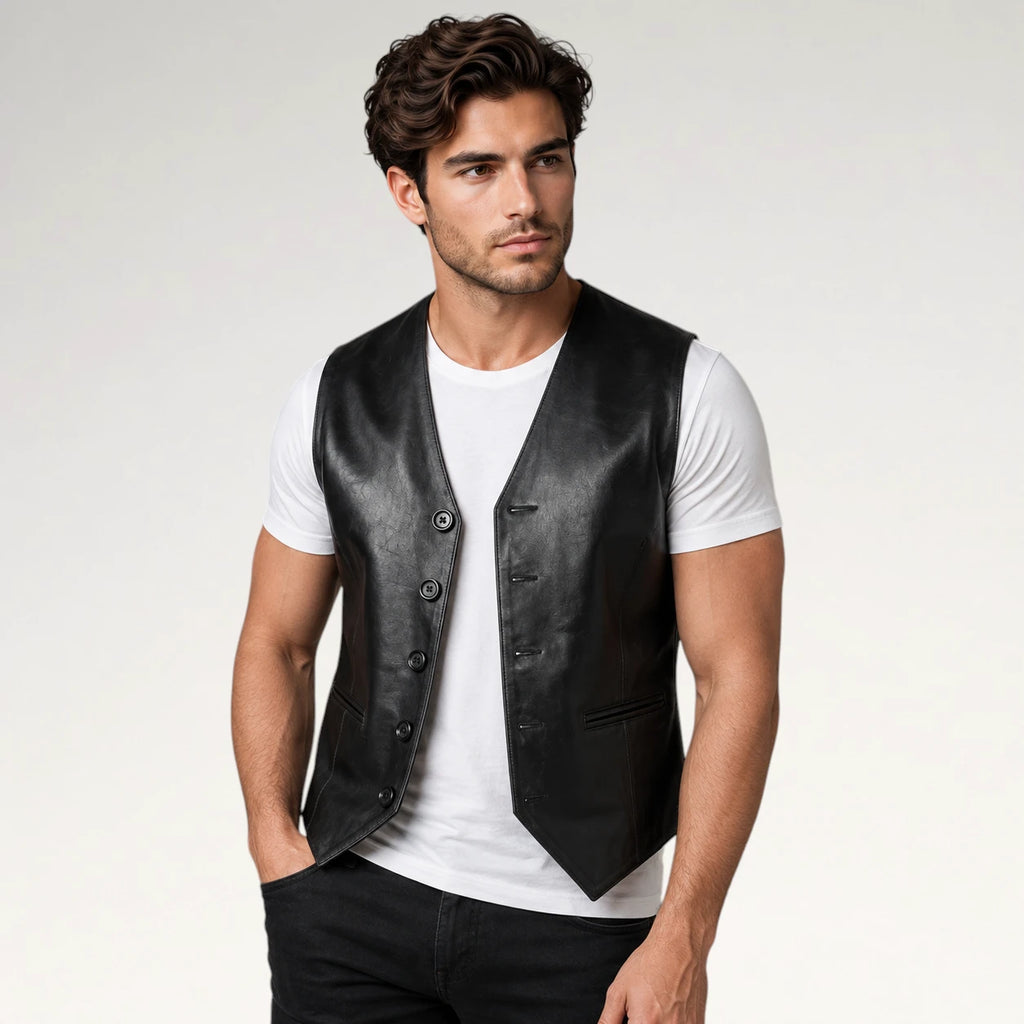 A man wearing a black leather vest over a white t-shirt and black jeans, standing against a light gray studio background.