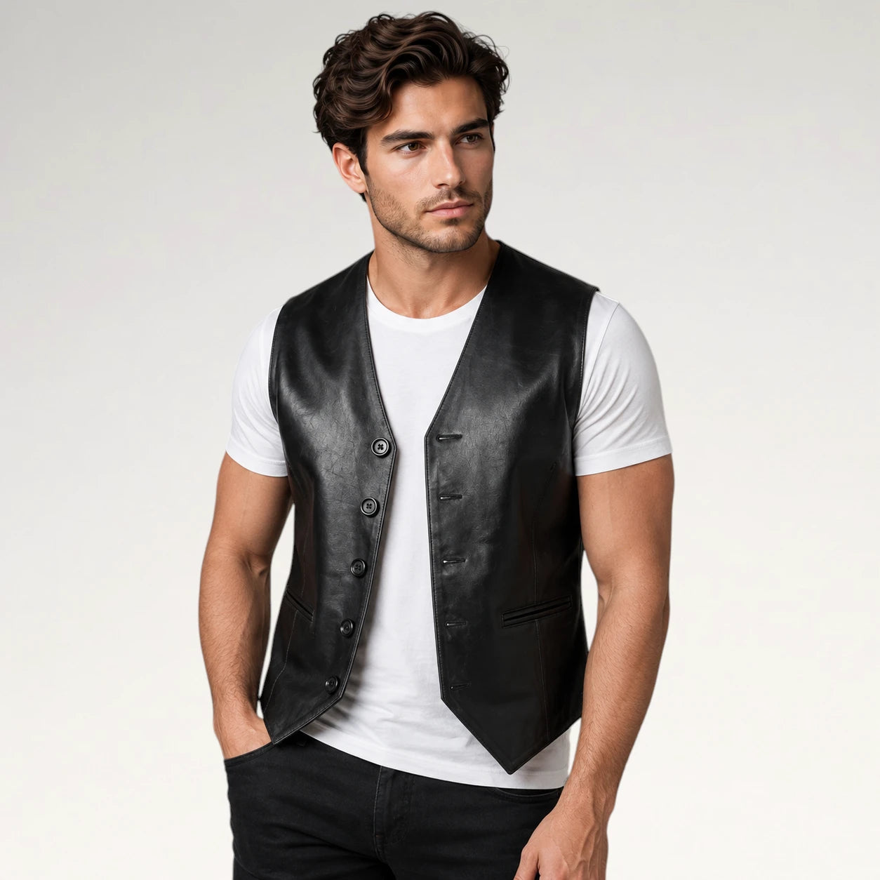A man wearing a black leather vest over a white t-shirt and black jeans, standing against a light gray studio background.