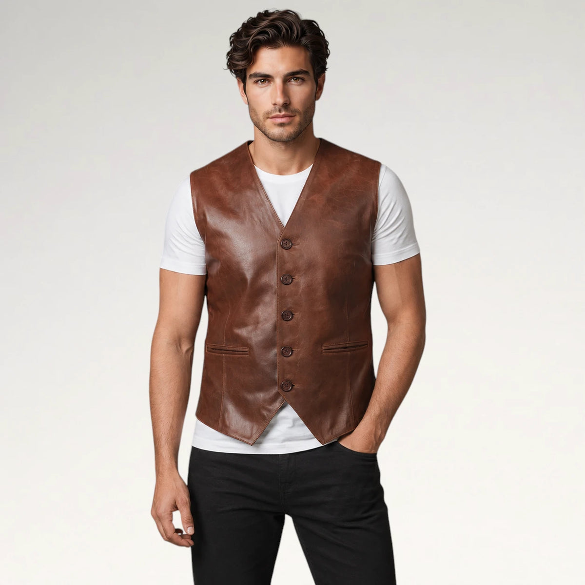 A man modeling a brown leather vest over a white t-shirt and black pants, standing against a light gray studio background. Main image