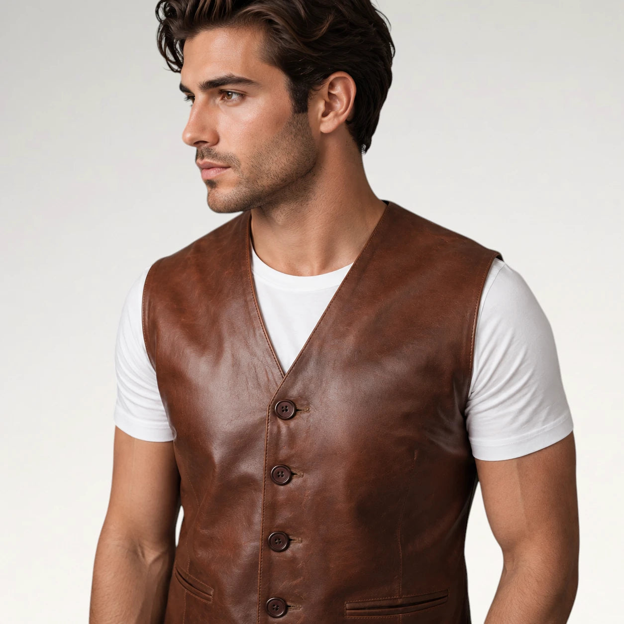 A man wearing a brown leather vest over a white t-shirt, shown from the chest up against a light gray studio background.