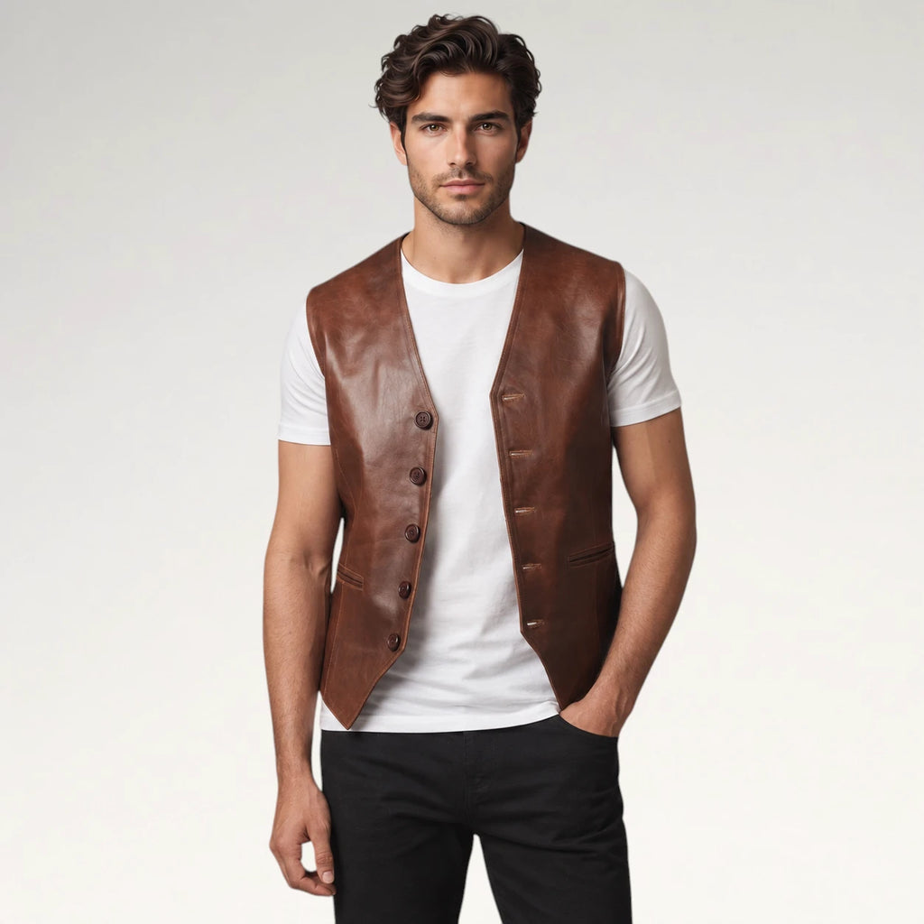 A man wearing a brown leather vest over a white t-shirt and black pants, standing against a light gray studio background.