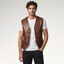 A man wearing a brown leather vest over a white t-shirt and black pants, standing against a light gray studio background.