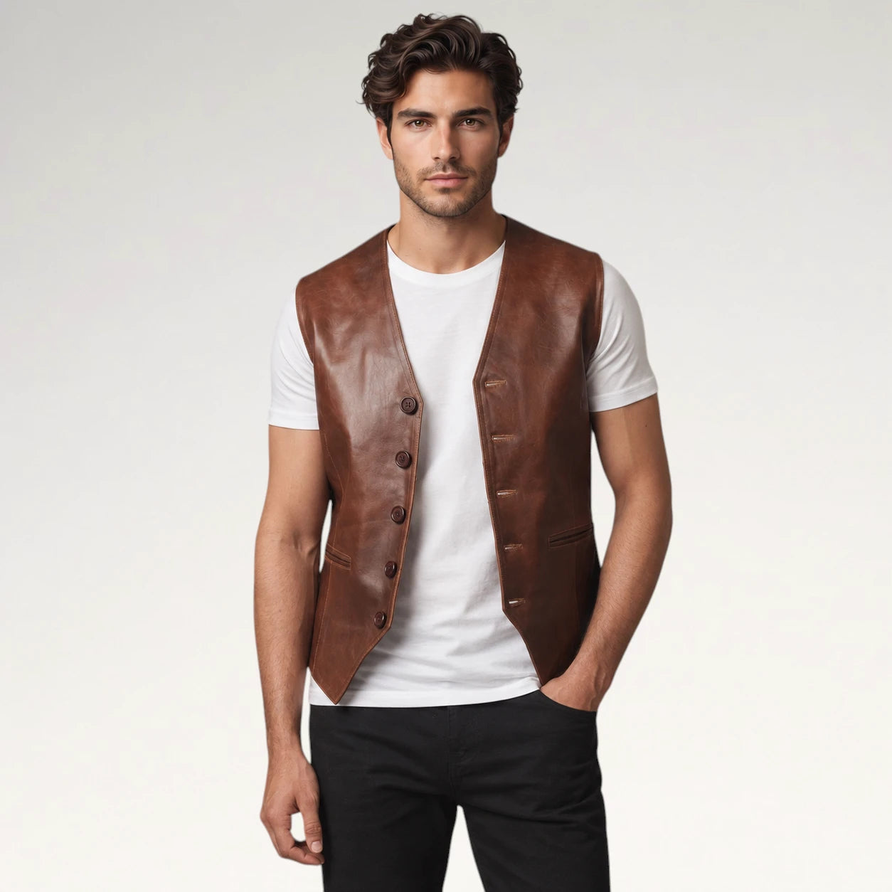 A man wearing a brown leather vest over a white t-shirt and black pants, standing against a light gray studio background.