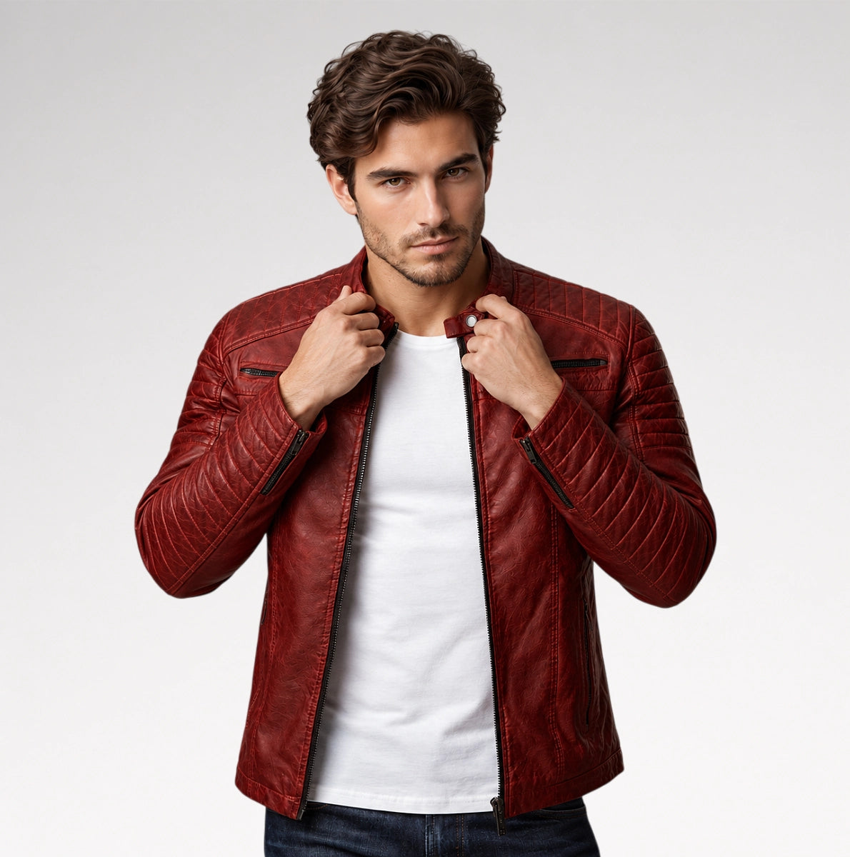 A man wearing a red quilted leather jacket over a white t-shirt and dark jeans, posing against a light gray studio background.