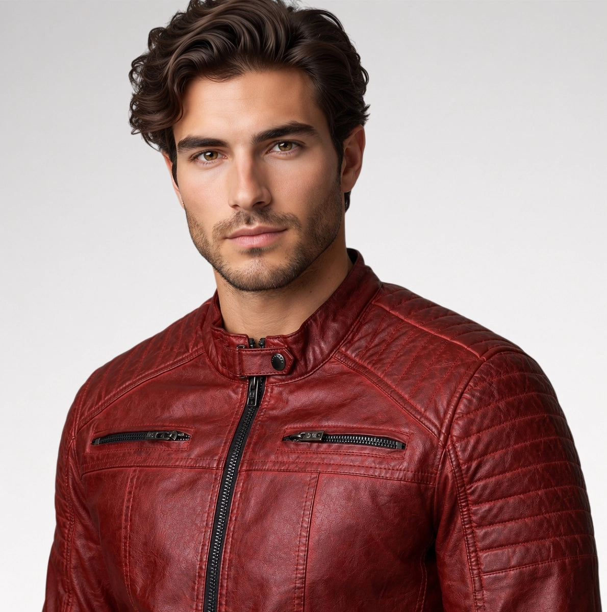 A man wearing a textured, deep red leather motorcycle jacket with a stand collar and zippered chest pockets, photographed against a light gray studio background.