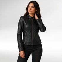 Veloce Black Slim Fit Cafe Racer Quilted Leather Jacket