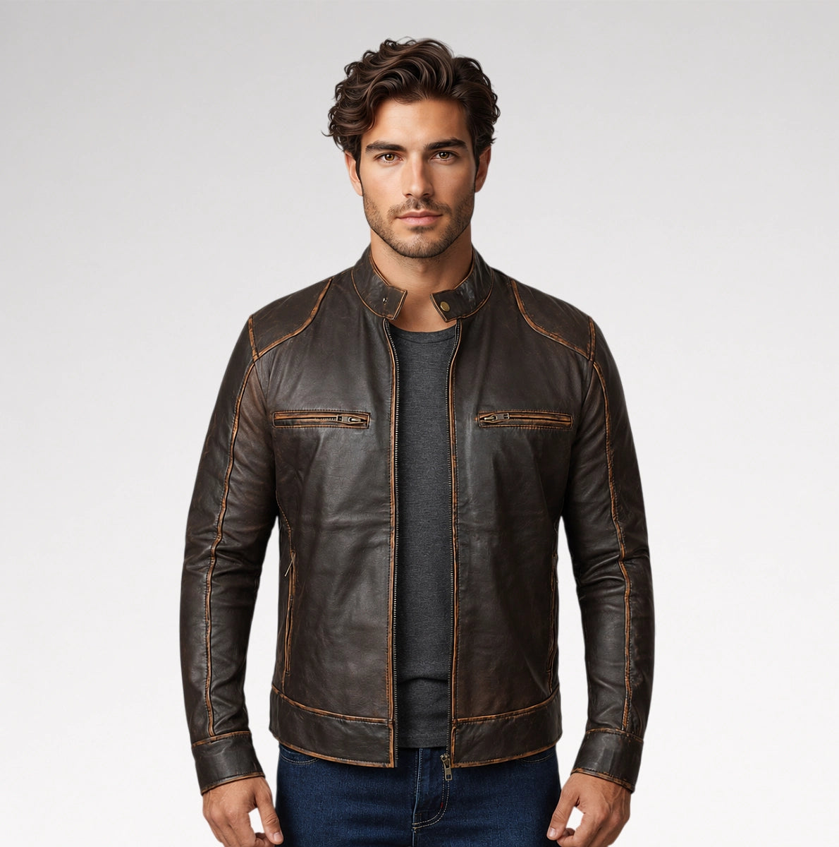 A man wearing a dark brown leather motorcycle jacket with contrast tan stitching, a dark gray t-shirt, and blue jeans, standing against a light gray studio background.
