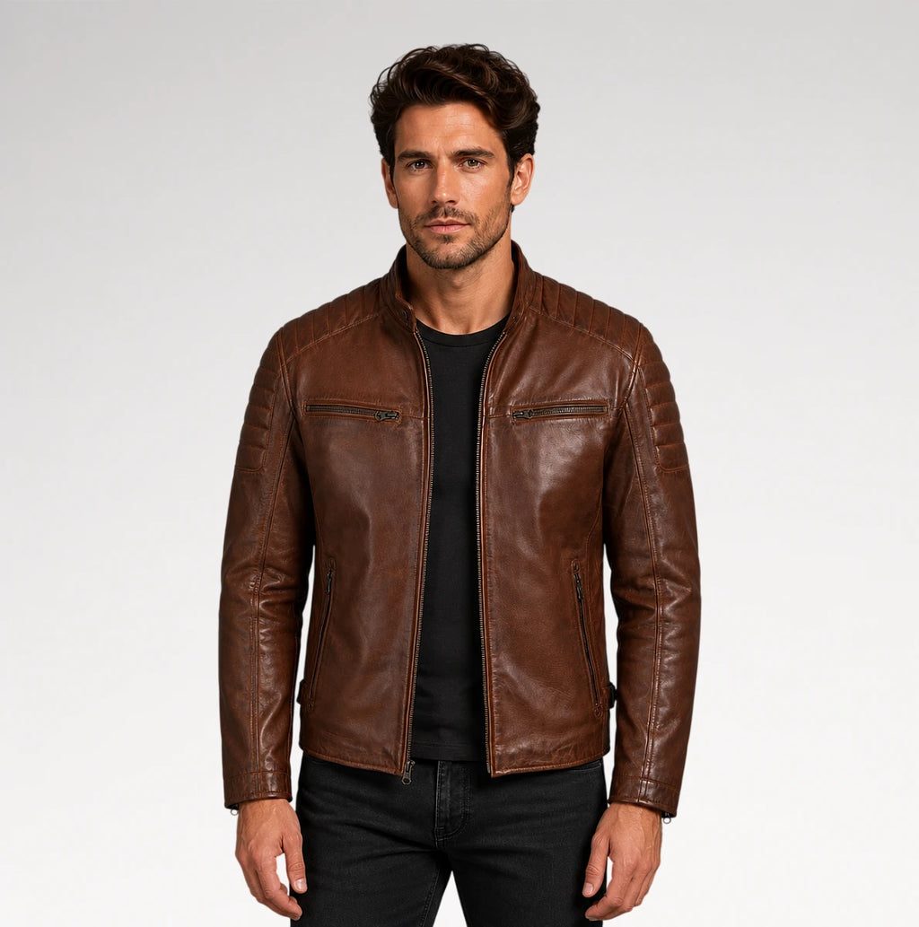 Caramé Cafe Racer Cognac Brown Leather Jacket