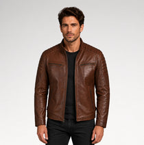 Caramé Cafe Racer Cognac Brown Leather Jacket