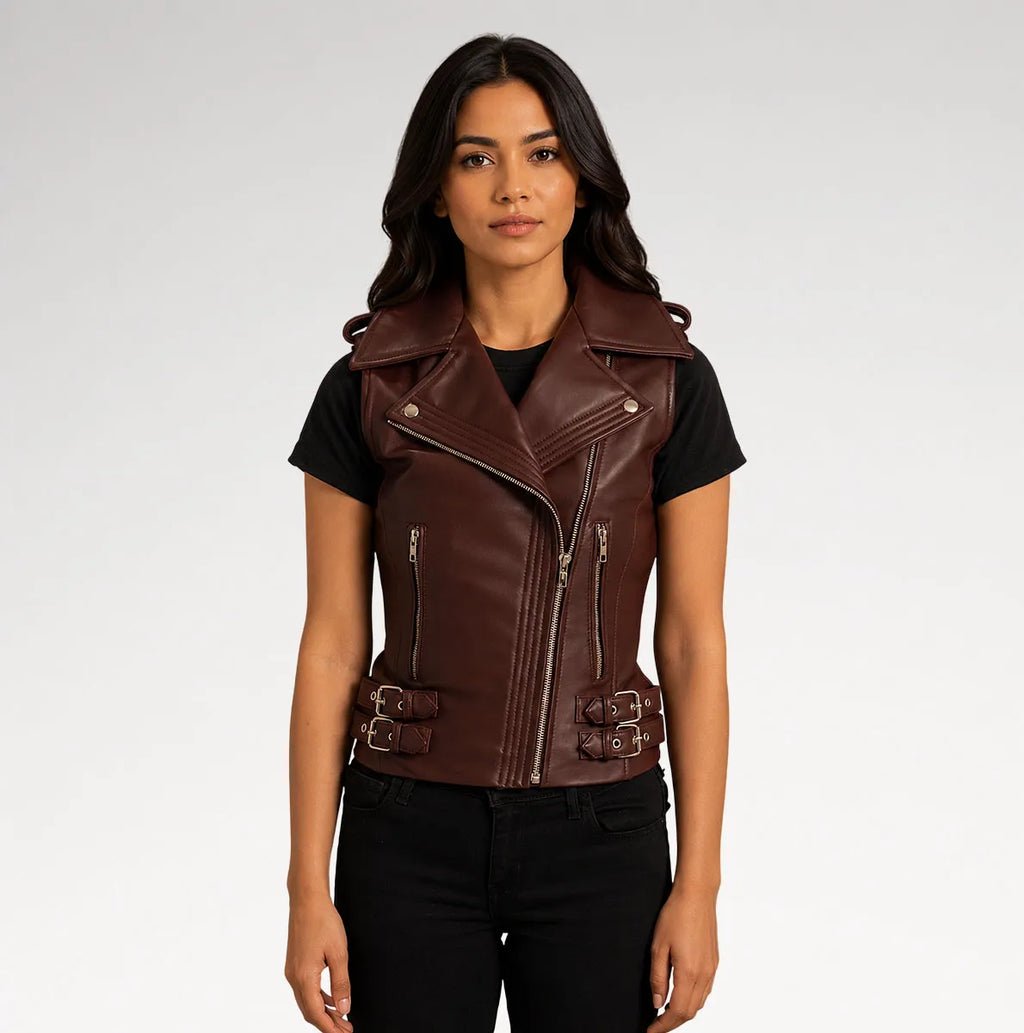 A woman modeling a dark brown faux-leather moto vest with silver hardware, worn over a black t-shirt and black jeans, against a light gray studio background.