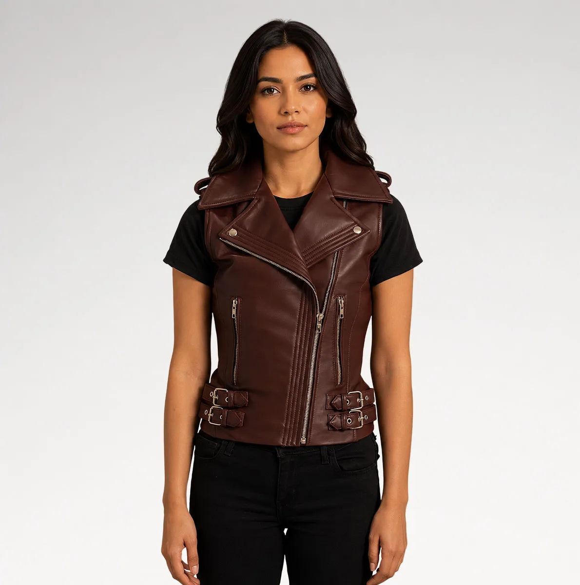 A woman modeling a dark brown faux-leather moto vest with silver hardware, worn over a black t-shirt and black jeans, against a light gray studio background. Main image