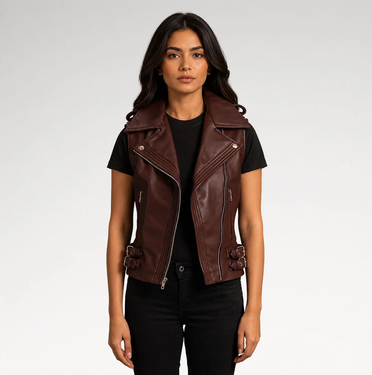 A woman modeling a dark brown faux leather moto vest with silver zippers and decorative side buckle details, worn over a black t-shirt and black pants against a light gray studio background.