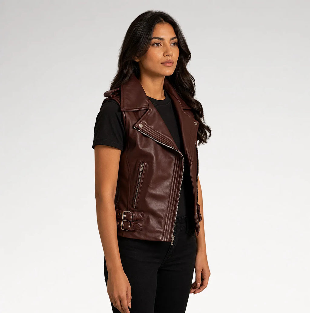 A woman modeling a dark brown faux leather moto vest with silver zippers and decorative side buckle details, worn over a black t-shirt and black pants against a light gray studio background.