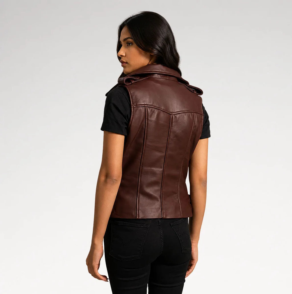 A woman shown from the back wearing a dark brown leather sleeveless vest over a black t-shirt and black jeans, photographed against a light gray studio background.