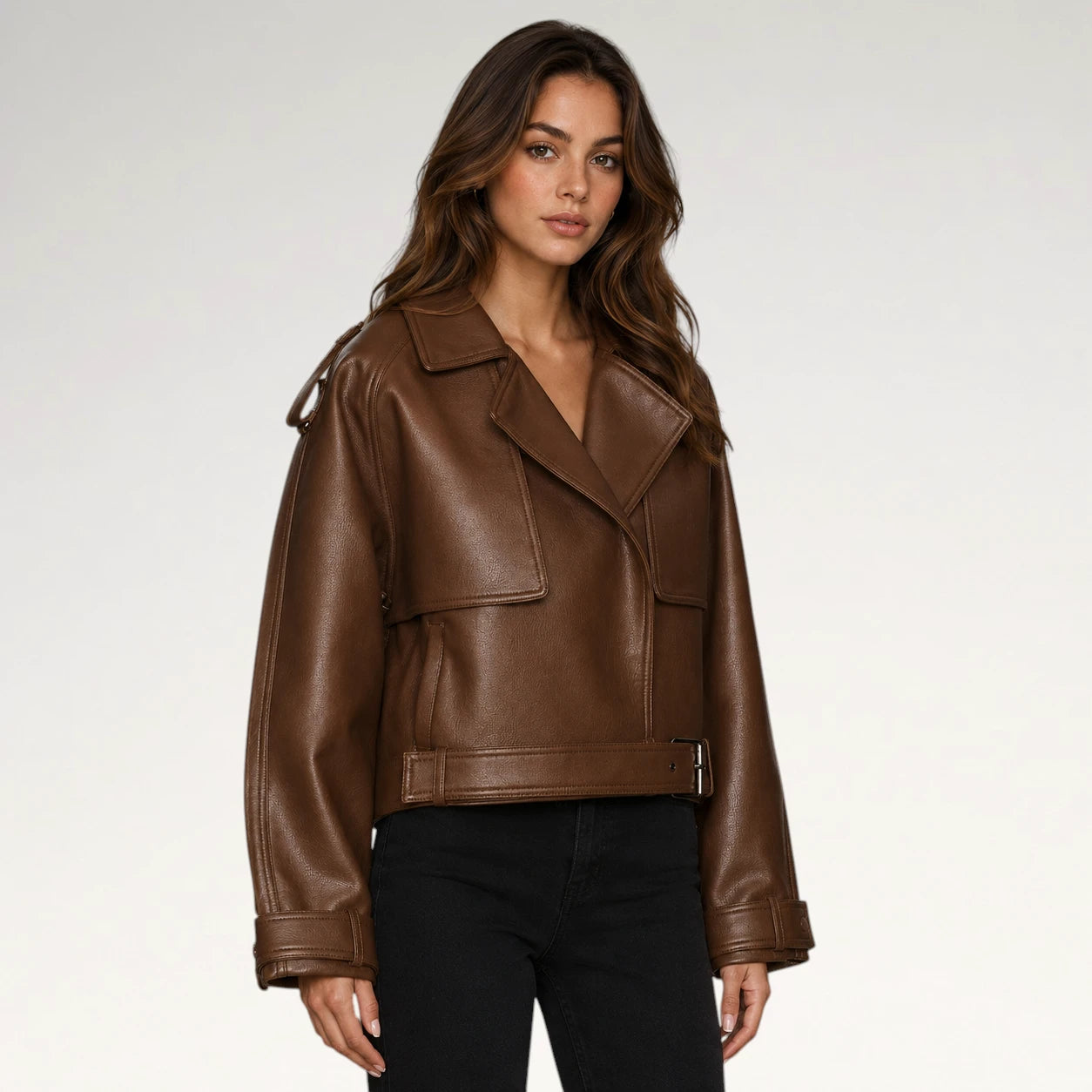 A woman modeling a cropped brown faux-leather moto jacket with a belted waist and asymmetrical collar, paired with black pants, against a light gray studio background.