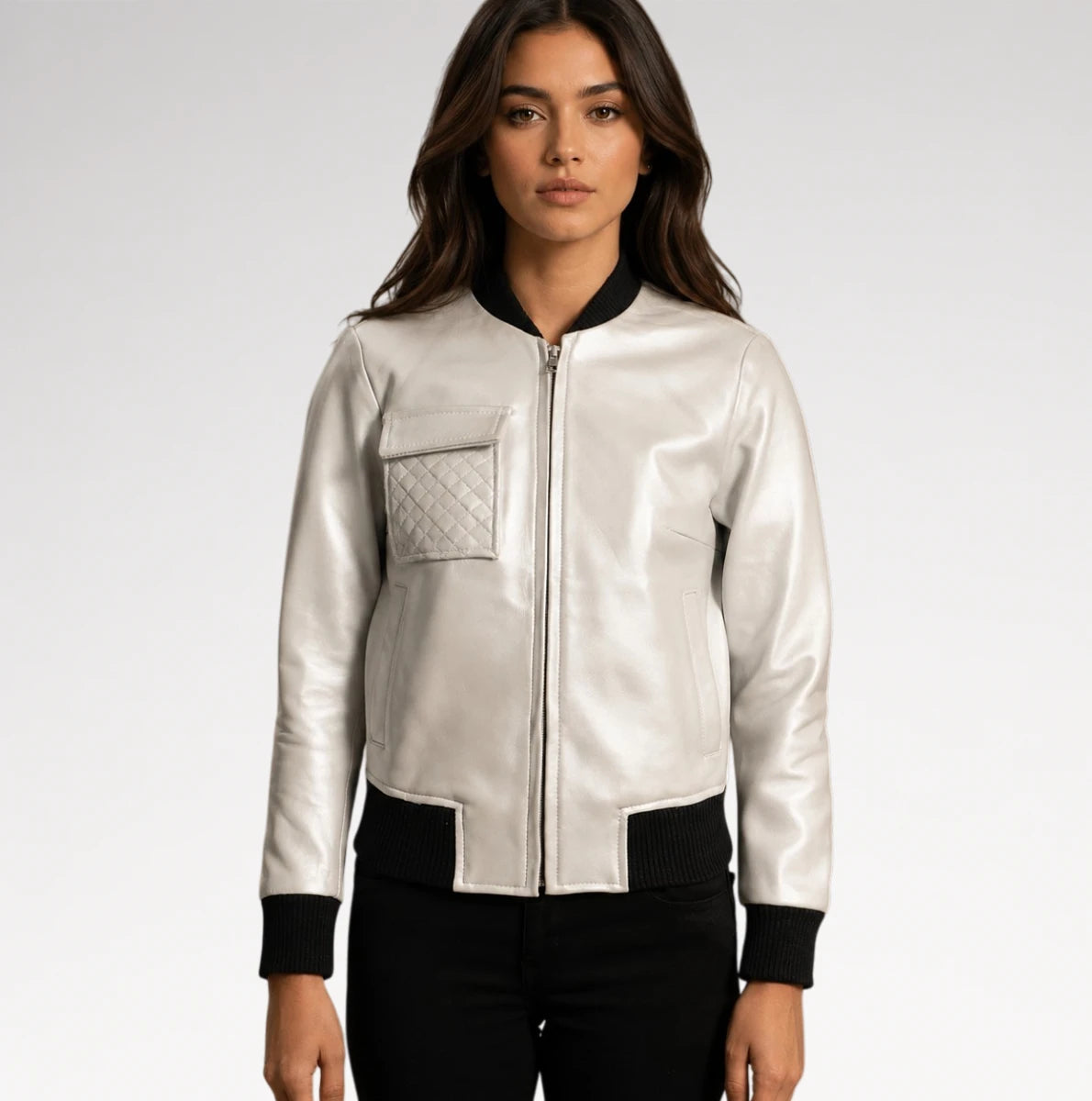 Clara Silver Bomber Sheepskin Leather Jacket Secondary image