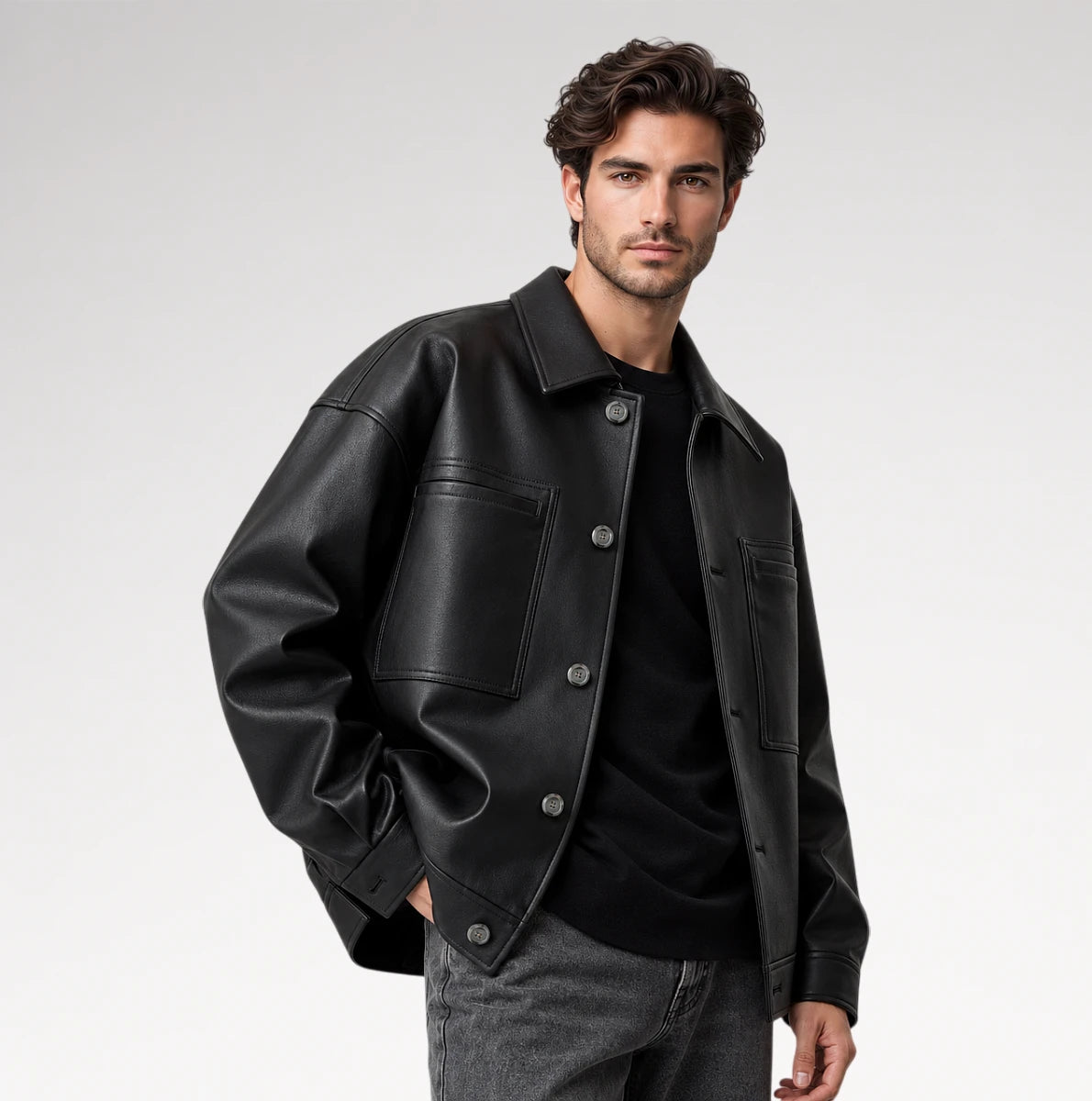 A man wearing a black leather jacket over a black shirt and gray jeans, photographed against a clean light gray studio background.