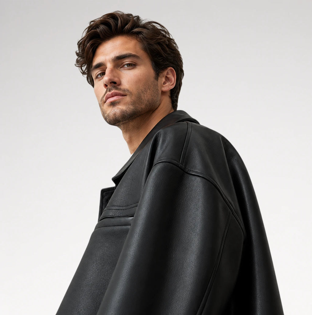 A man wearing a black leather jacket, photographed from a side profile against a light gray studio background.