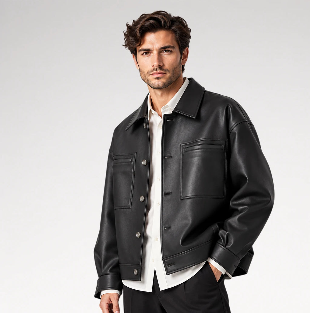 A man wearing a black leather jacket over a white button-up shirt, photographed against a clean light gray studio background.