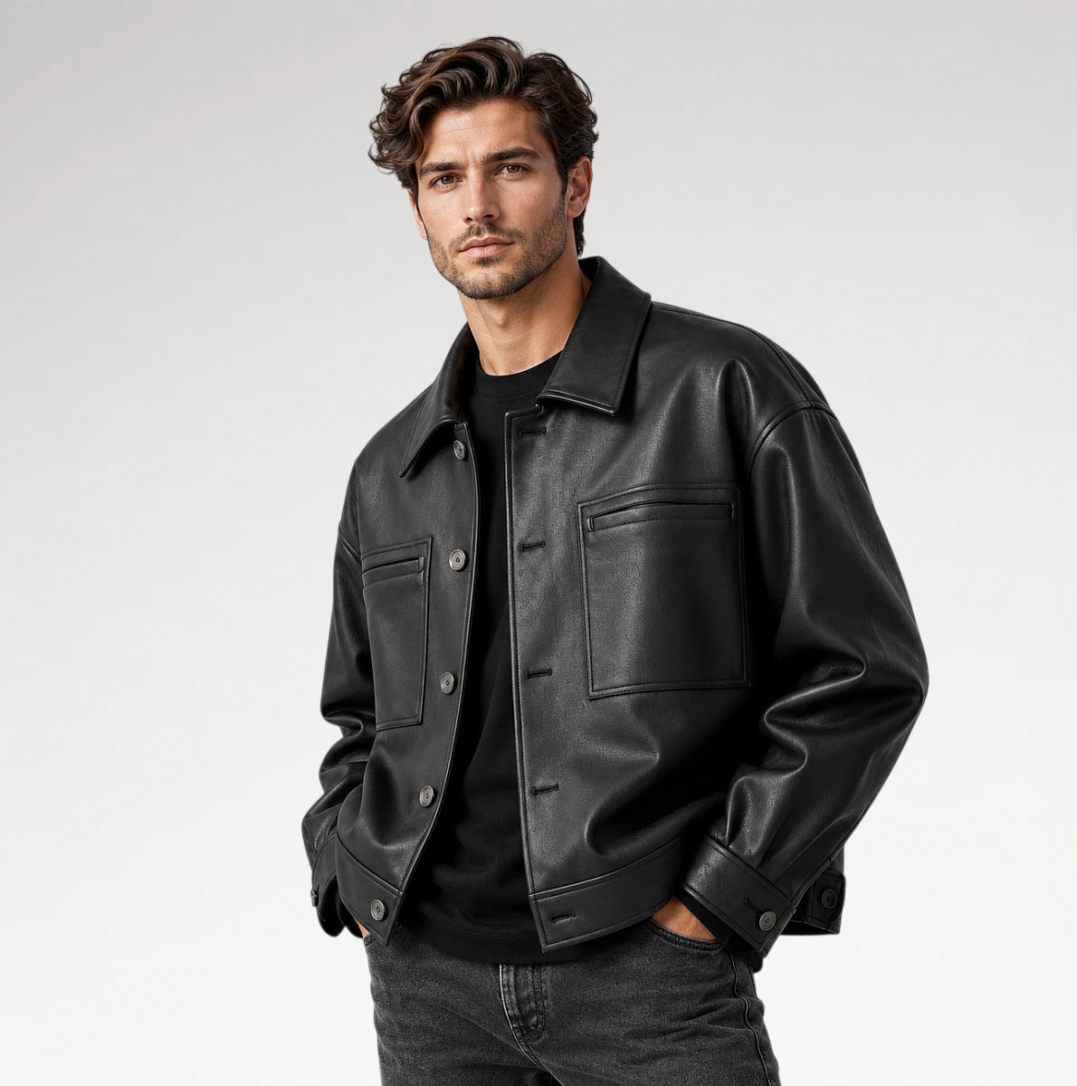 A man wearing a black leather jacket over a black shirt and dark jeans, standing against a light gray studio background.